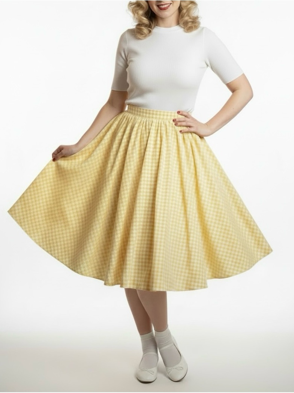 Vintage Bonnie Strauss Full Round Yellow Gingham Rockabilly 50s Skirt Pockets 8